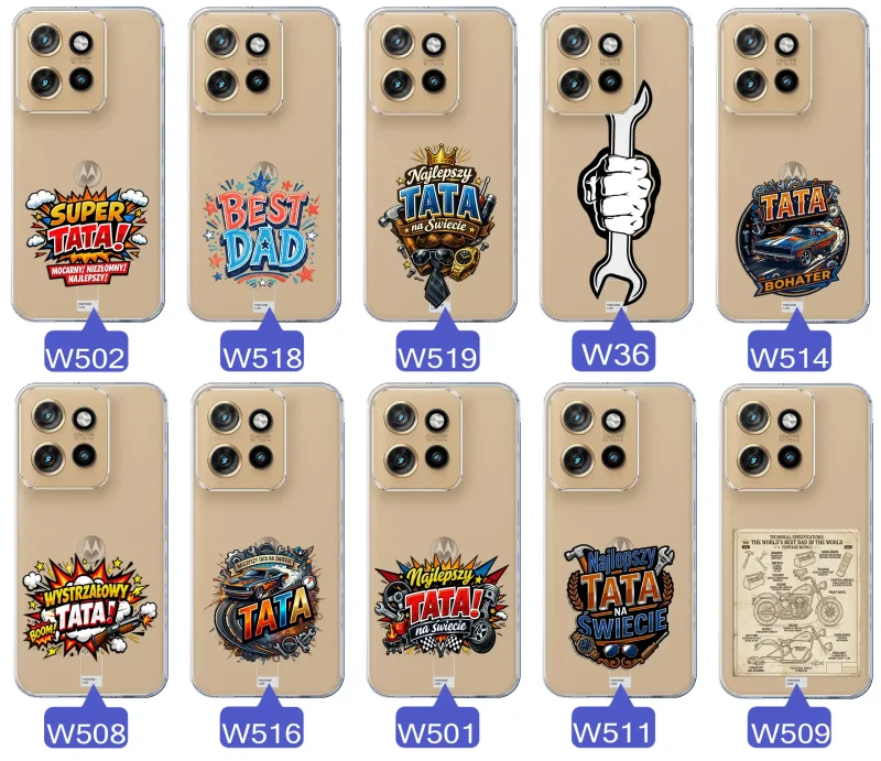 Różne wzory przezroczystych etui dla Taty do Motorola Edge 50 Neo z kolorowymi nadrukami i motywami na Dzień Ojca i nie tylko