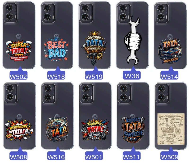 Różne wzory przezroczystych etui dla Taty do Motorola Moto G35 5G z kolorowymi nadrukami i motywami na Dzień Ojca i nie tylko
