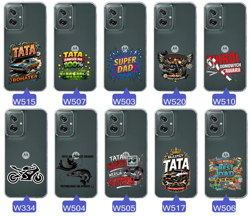 Kolekcja wzorów dla Taty i na Dzień Ojca do Motorola Moto G55 5G:  kolorowe grafiki i napisy Super Tata, Super Dad, Najlepszy Tata Na Świecie i inne
