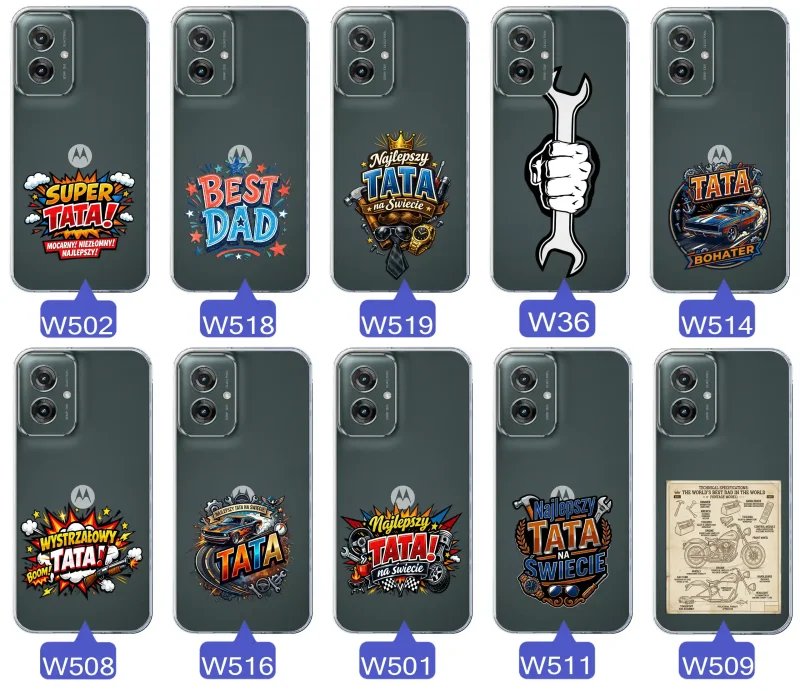 Różne wzory przezroczystych etui dla Taty do Motorola Moto G55 5G z kolorowymi nadrukami i motywami na Dzień Ojca i nie tylko