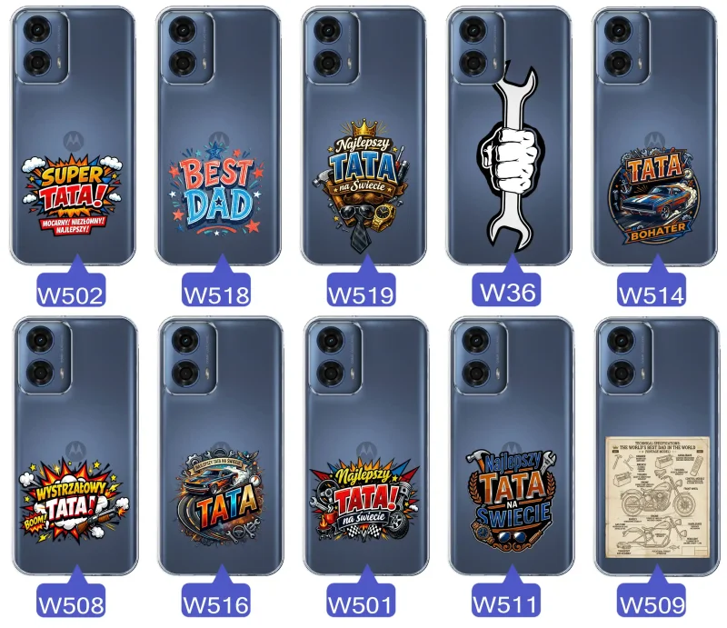 Różne wzory przezroczystych etui dla Taty do Motorola Moto G24 / G24 Power / G04 / E14 z kolorowymi nadrukami i motywami na Dzień Ojca i nie tylko
