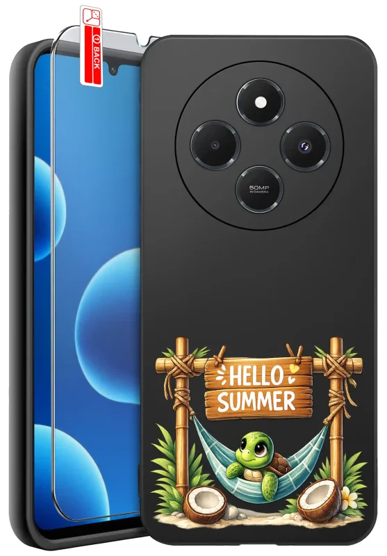Etui wakacyjne do Xiaomi Redmi 14C z nadrukiem żółwia w hamaku, kokosów i napisem „Hello Summer” oraz szkłem hartowanym 9H
