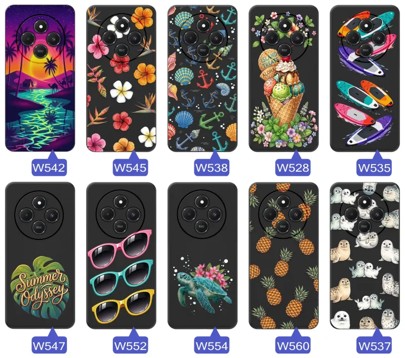 Kolekcja etui wakacyjnych do Xiaomi Redmi 14C z palmami, kwiatami, kotwicami, lodami, deskami SUP, fokami i ananasami
