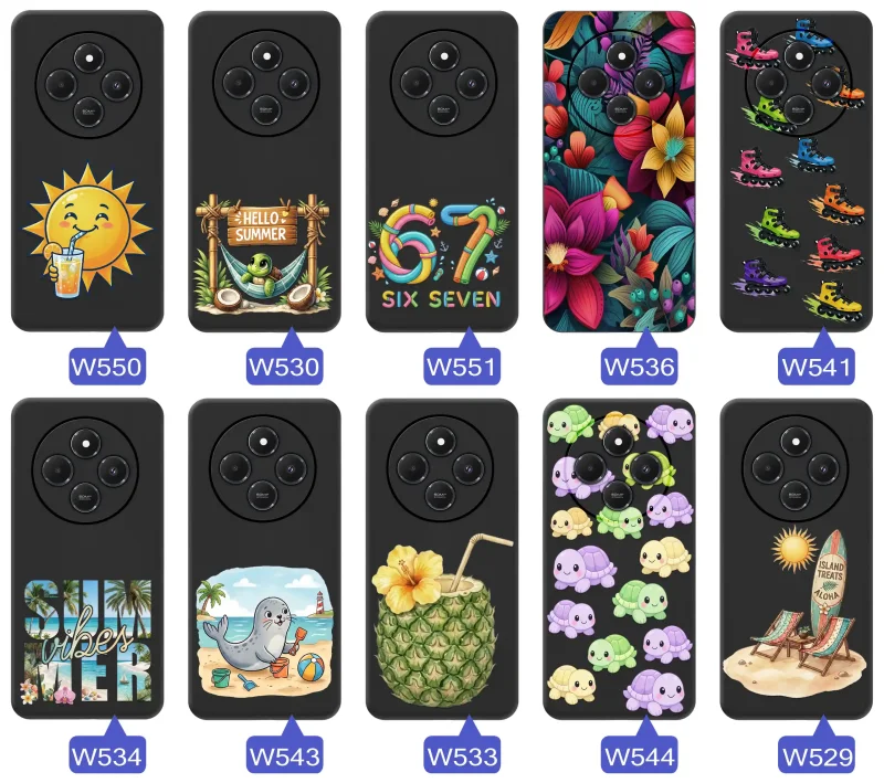 Różne etui wakacyjne do Xiaomi Redmi 14C ze słońcem, hamakiem, motywem 67, kwiatami, rolkami i plażowymi grafikami