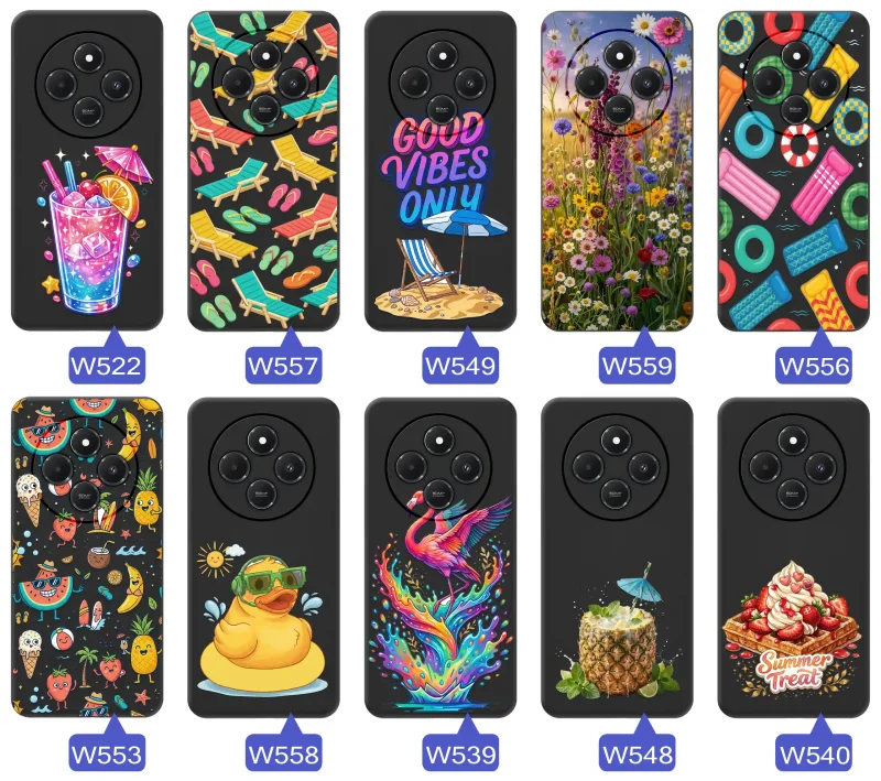 Różne letnie wzory etui do Xiaomi Redmi 14C z motywami leżaków, napojów, kwiatów, materacy, flamingów i owoców