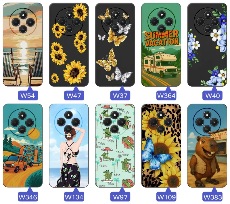 Zestaw etui do Xiaomi Redmi 14C z letnimi wzorami słoneczników, motyli, kampera, plaży, krokodyli i kapibary