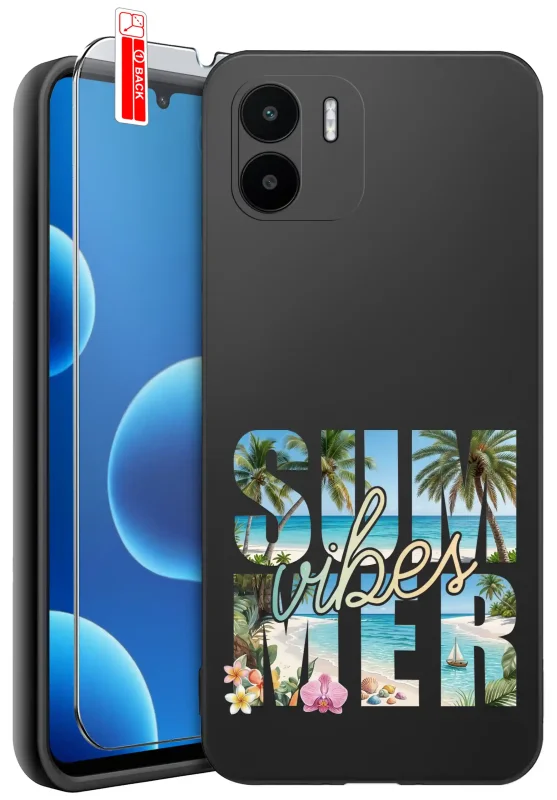 Etui wakacyjne do Xiaomi Redmi A1 / A2 z nadrukiem plaży, palm i napisem „Summer Vibes” oraz szkłem hartowanym 9H