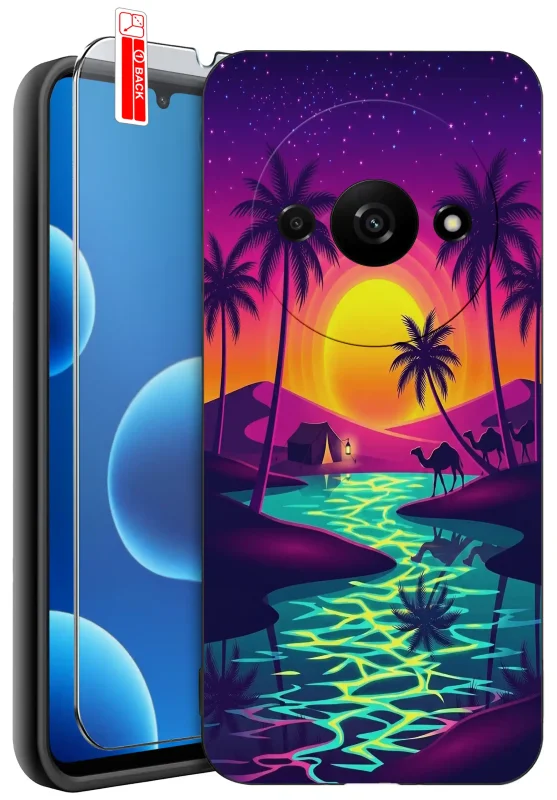 Etui wakacyjne do Xiaomi Redmi A3 z kolorowym nadrukiem zachodu słońca, palm, oazy i wielbłądów oraz szkłem hartowanym 9H