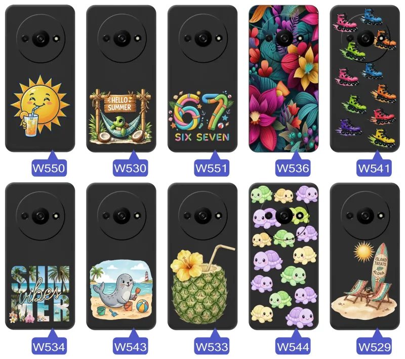Różne etui wakacyjne do Xiaomi Redmi A3 ze słońcem, hamakiem, motywem 67, kwiatami, rolkami i plażowymi grafikami