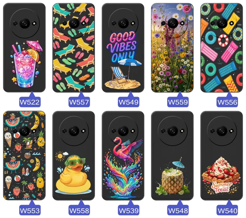 Różne letnie wzory etui do Xiaomi Redmi A3 z motywami leżaków, napojów, kwiatów, materacy, flamingów i owoców