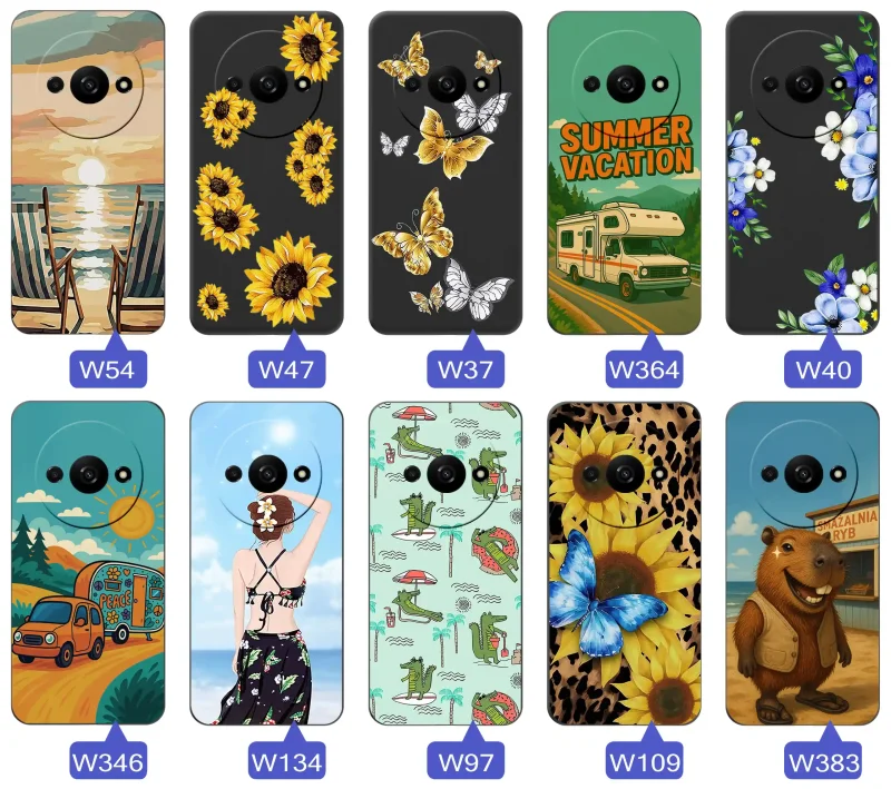 Zestaw etui do Xiaomi Redmi A3 z letnimi wzorami słoneczników, motyli, kampera, plaży, krokodyli i kapibary