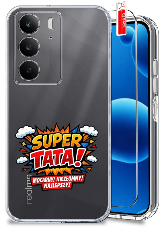 Przezroczyste etui dla Taty do Realme C75 z napisem SUPER TATA oraz szkło hartowane w zestawie