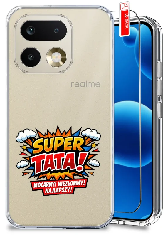 Przezroczyste etui dla Taty do Realme 16 Pro z kolorowym nadrukiem SUPER TATA oraz szkło hartowane w zestawie