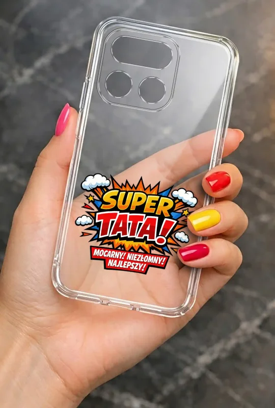 Transparentne etui 2 mm do Realme 16 Pro dla Taty z wzorem SUPER TATA: elegancki wygląd smartfona w dłoni