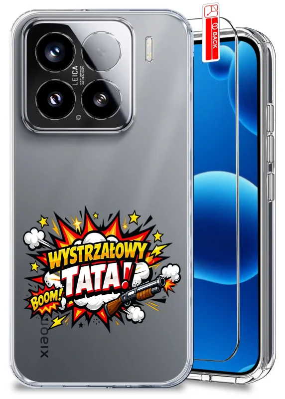 Przezroczyste etui dla Taty do Xiaomi 15 z napisem WYSTRZAŁOWY TATA oraz szkło hartowane w zestawie