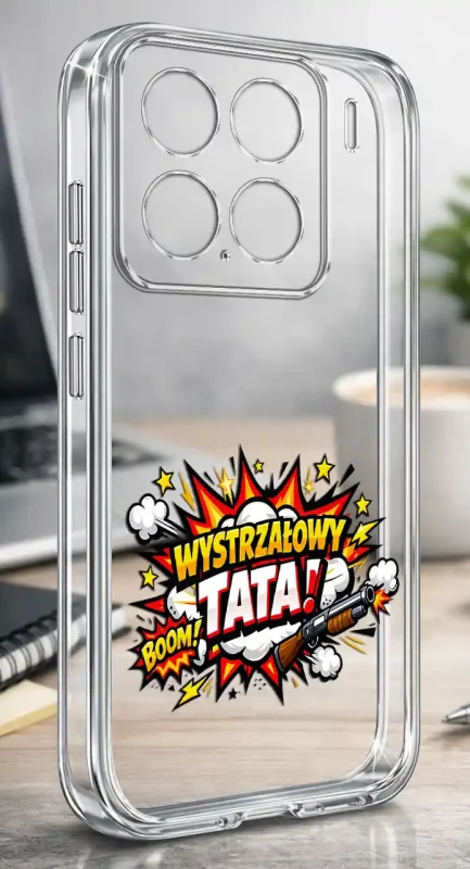 Silikonowe bezbarwne etui do Xiaomi 15 z napisem WYSTRZAŁOWY TATA, prezentowane na biurku