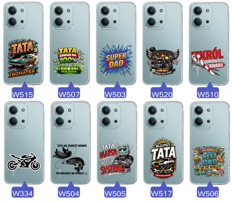 Kolekcja wzorów dla Taty i na Dzień Ojca do Xiaomi Redmi 15C:  kolorowe grafiki i napisy Super Tata, Super Dad, Najlepszy Tata Na Świecie i inne