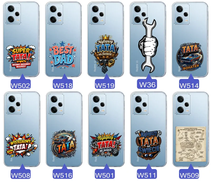 Różne wzory przezroczystych etui dla Taty do Xiaomi Redmi Note 12 5G z kolorowymi nadrukami i motywami na Dzień Ojca i nie tylko