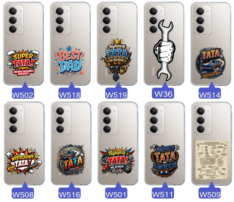 Różne wzory przezroczystych etui dla Taty do Xiaomi Redmi 15 4G / 5G z kolorowymi nadrukami i motywami na Dzień Ojca i nie tylko