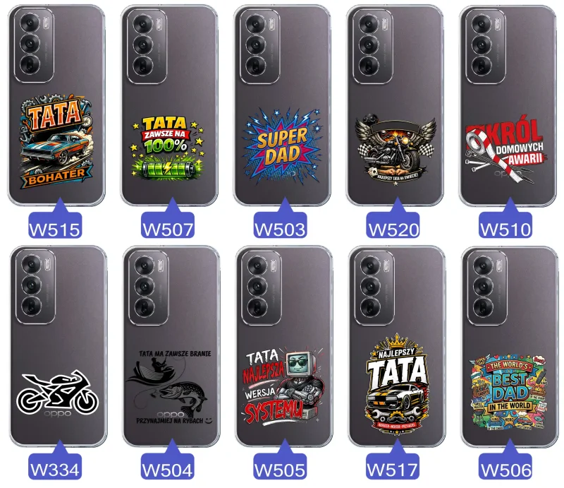 Kolekcja wzorów dla Taty i na Dzień Ojca do Oppo Reno 12 Pro 5G:  kolorowe grafiki i napisy Super Tata, Super Dad, Najlepszy Tata Na Świecie i inne