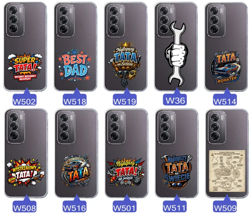 Różne wzory przezroczystych etui dla Taty do Oppo Reno 12 Pro 5G z kolorowymi nadrukami i motywami na Dzień Ojca i nie tylko