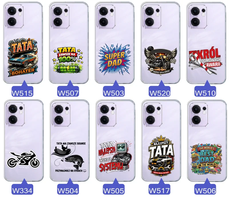 Kolekcja wzorów dla Taty i na Dzień Ojca do Oppo Reno 13 FS 5G / 13 F 5G:  kolorowe grafiki i napisy Super Tata, Super Dad, Najlepszy Tata Na Świecie i inne