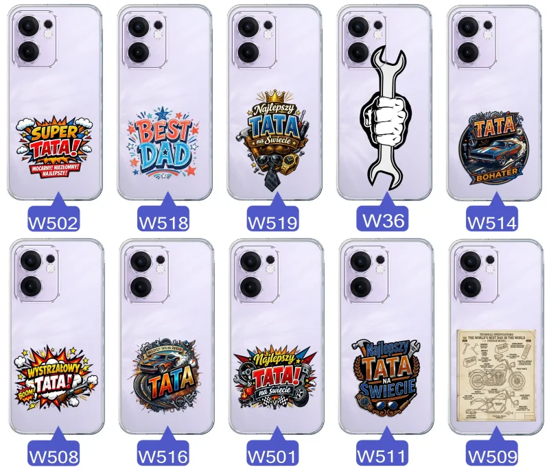 Różne wzory przezroczystych etui dla Taty do Oppo Reno 13 FS 5G / 13 F 5G z kolorowymi nadrukami i motywami na Dzień Ojca i nie tylko