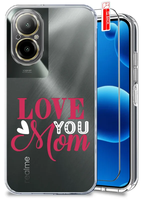 Etui dla Mamy do Realme C67 4G przezroczyste z napisem Love You Mom oraz szkło hartowane w zestawie