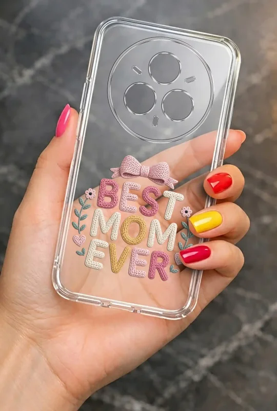 Transparentne etui na Dzień Mamy do Realme 14 Pro+ Plus 5G trzymane w dłoni, z trwałym nadrukiem Best Mom Ever