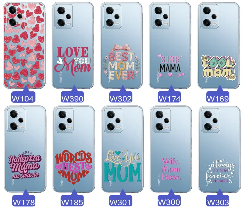 Kolekcja wzorów etui dla Mamy do Xiaomi Redmi Note 12 5G: napisy Super Mama, Najlepsza Mama na świecie, best mom ever, cool mom, I love you mom