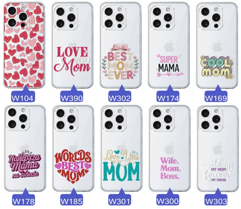 Kolekcja wzorów etui dla Mamy do iPhone 15 Pro: napisy Super Mama, Najlepsza Mama na świecie, best mom ever, cool mom, I love you mom