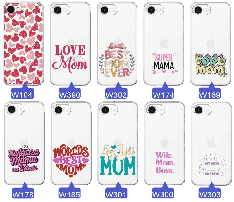 Kolekcja wzorów etui dla Mamy do iPhone 16e / 17e: napisy Super Mama, Najlepsza Mama na świecie, best mom ever, cool mom, I love you mom