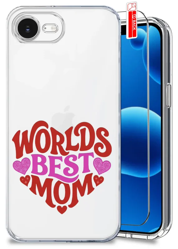 Etui dla Mamy do iPhone 16e / 17e przezroczyste z napisem Worlds Best Mom oraz szkło hartowane w zestawie