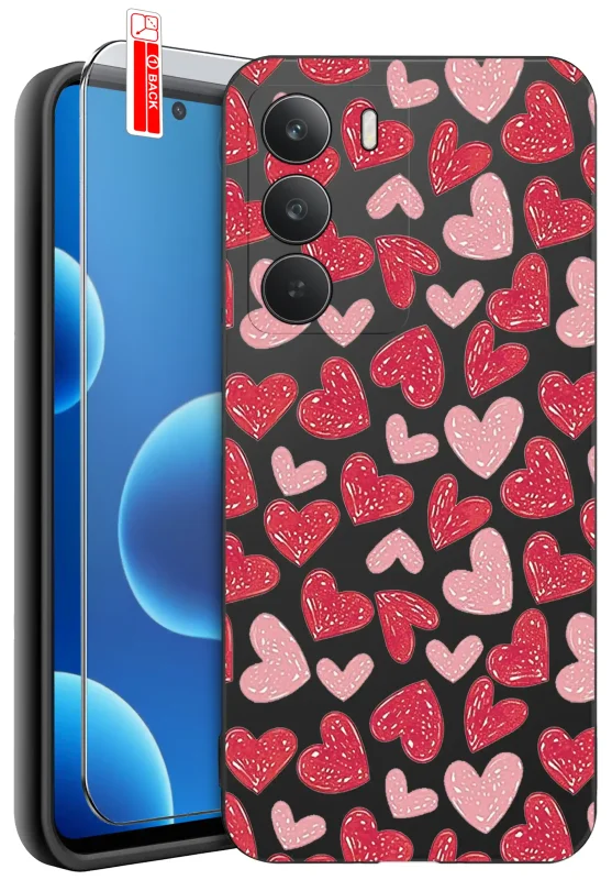 Etui dla Mamy do Realme 14x 5G z  różowym nadrukiem Serc : czarne matowe wykończenie oraz szkło hartowane 9H w zestawie