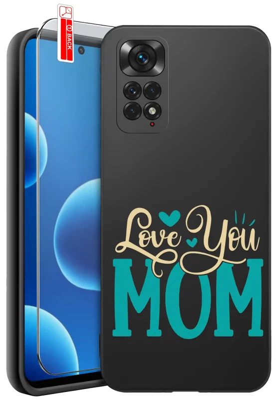 Etui dla Mamy do Xiaomi Redmi Note 11 / 11S z nadrukiem Love You Mom: czarne matowe wykończenie oraz szkło hartowane 9H w zestawie