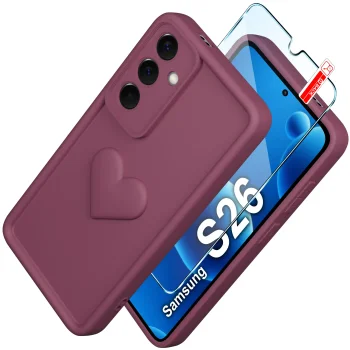 Etui do Samsung Galaxy S26 silikonowe serce burgundowe ze szkłem