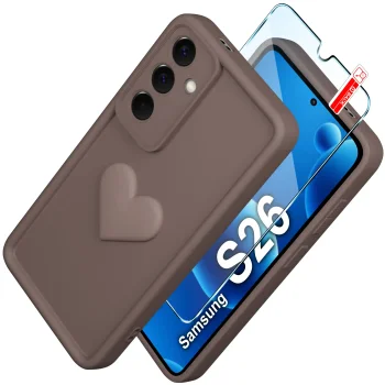 Etui do Samsung Galaxy S26 silikonowe serce brązowe ze szkłem