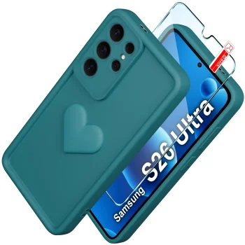 Etui do Samsung Galaxy S26 Ultra silikonowe serce zielone ze szkłem