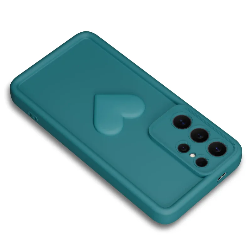 Zielone etui silikonowe z wytłoczonym sercem do Samsung Galaxy S26 Ultra z osłoną CAMERA PROTECT
