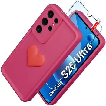 Etui do Samsung Galaxy S26 Ultra silikonowe serce różowe ze szkłem
