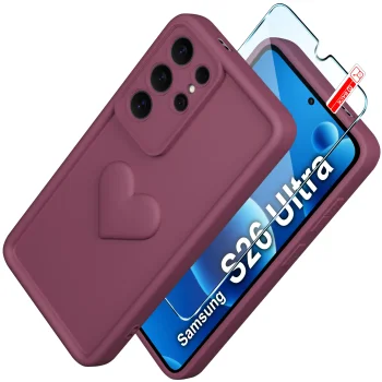 Etui do Samsung Galaxy S26 Ultra silikonowe serce burgundowe ze szkłem