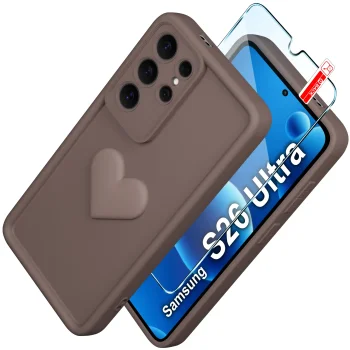 Etui do Samsung Galaxy S26 Ultra silikonowe serce brązowe ze szkłem
