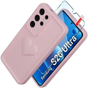 Etui do Samsung Galaxy S26 Ultra silikonowe serce jasnoróżowe ze szkłem