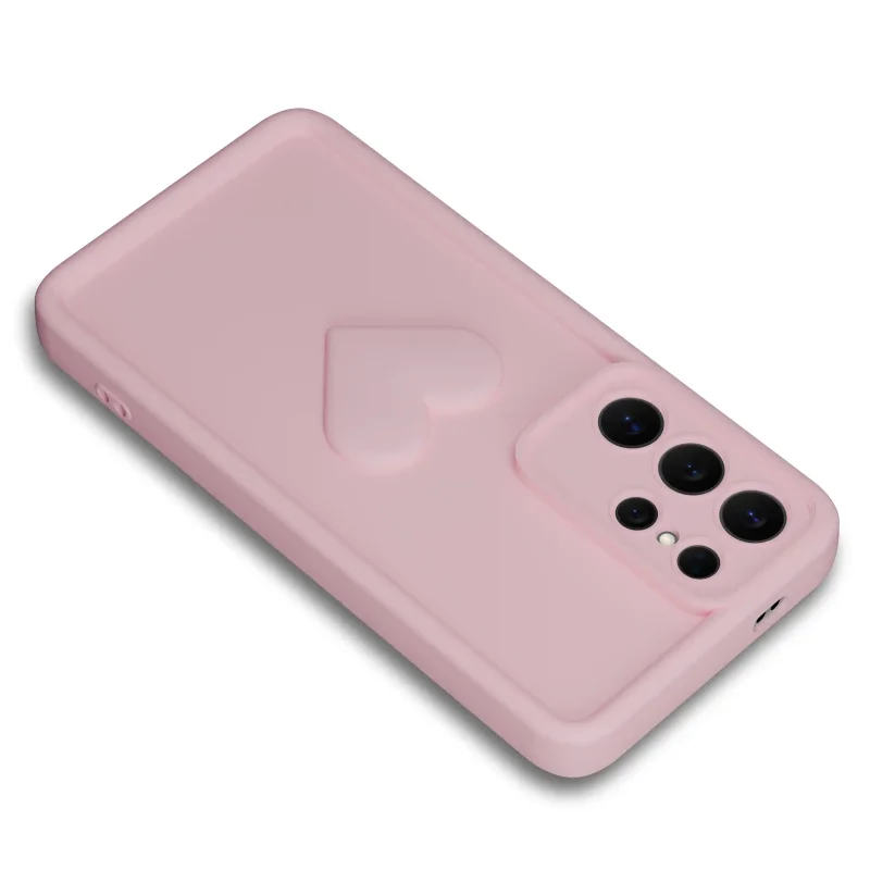 Jasnoróżwe etui silikonowe z wytłoczonym sercem do Samsung Galaxy S26 Ultra z osłoną CAMERA PROTECT