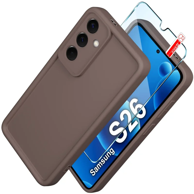 Etui silikonowe matowe do Samsung Galaxy S26 brązowe ze szkłem 9H