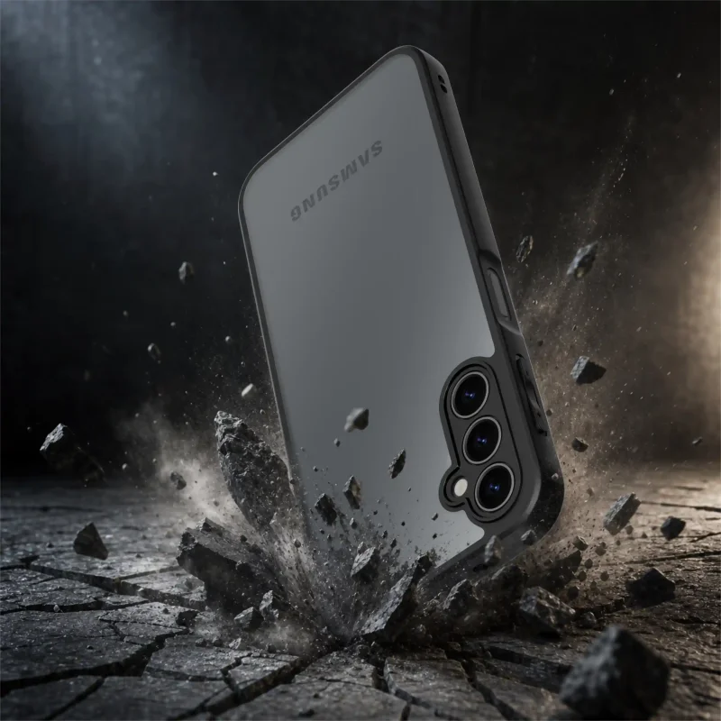 Czarne matowe etui do Samsung Galaxy A14 5G z półprzezroczystymi pleckami prezentujące smukłą konstrukcję i ochronę aparatów