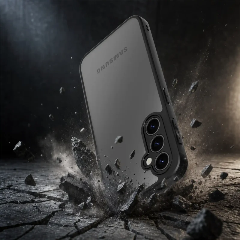 Czarne matowe etui do Samsung Galaxy A34 5G z półprzezroczystymi pleckami prezentujące smukłą konstrukcję i ochronę aparatów