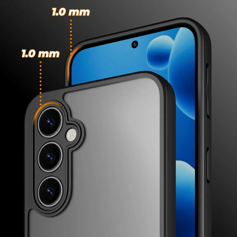Etui do Samsung Galaxy A54 5G czarne matowe z podwyższonymi rantami 1 mm chroniącymi ekran oraz wyspę aparatów przed zarysowaniami