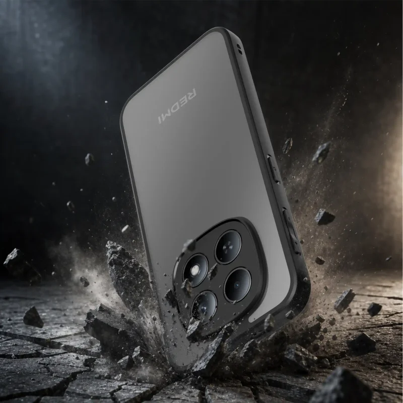 Czarne matowe etui do Xiaomi Redmi Note 15 4G / 5G z półprzezroczystymi pleckami prezentujące smukłą konstrukcję i ochronę aparatów