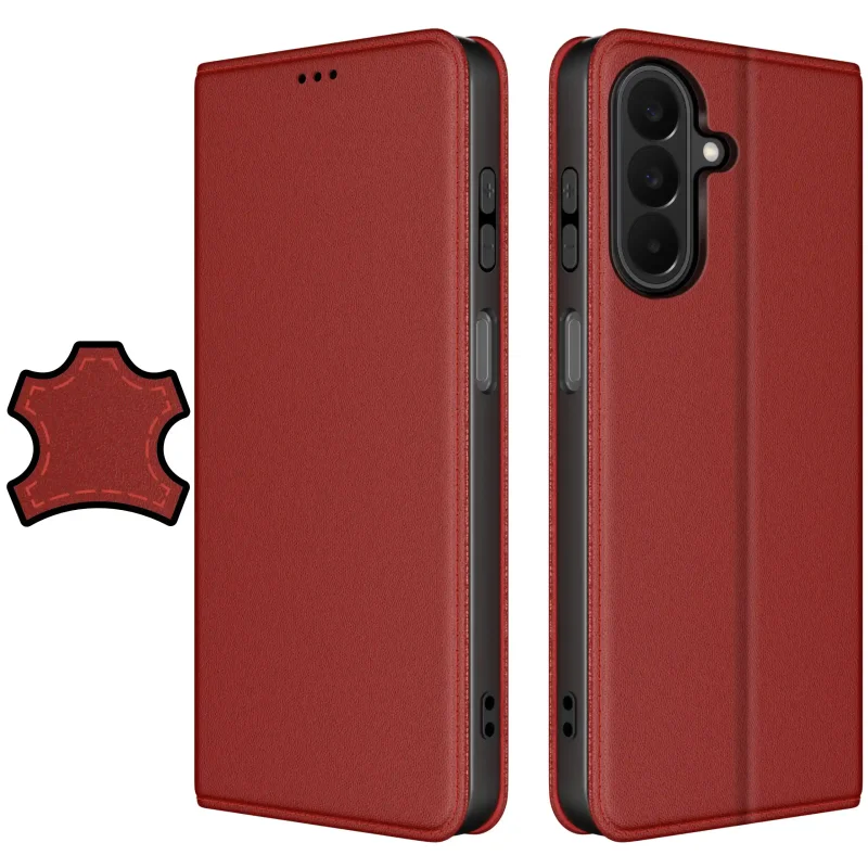 Samsung Galaxy A27 w bordowym skórzanym etui z klapką widok z przodu i z tyłu